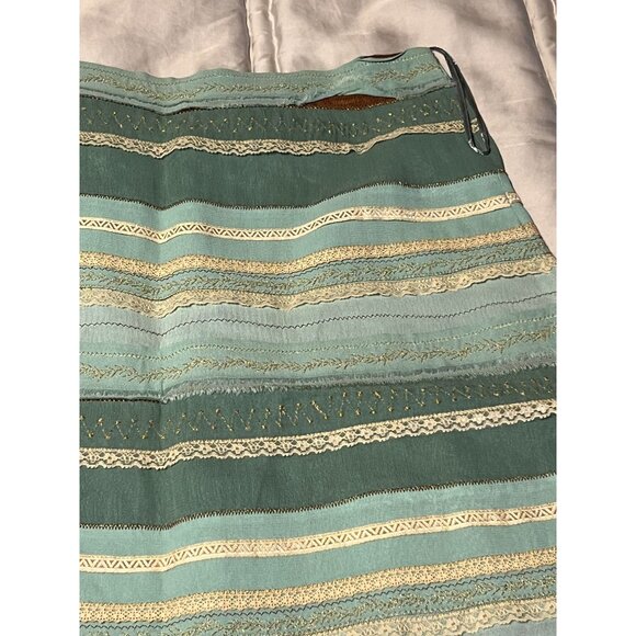Odille Green & Cream Lace Ribbon Stripe Ruffle Skirt Anthropologie Gold Viscose - Picture 6 of 15